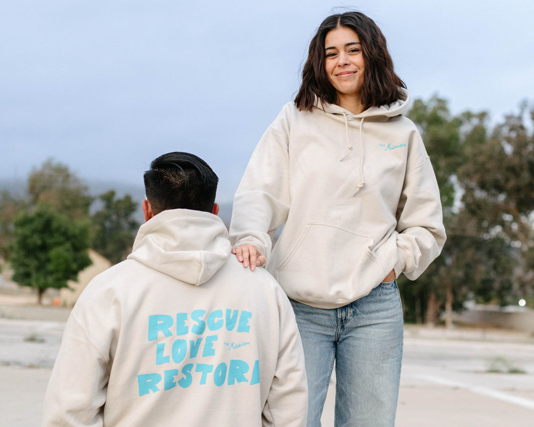 The “Rescue, Love, Restore” beige hoodie